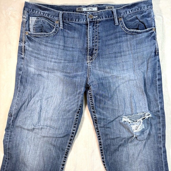 BKE Denim Seth 42R Mens Blue Distressed Thrashed Trashed Straight Leg Jeans - Picture 3 of 10